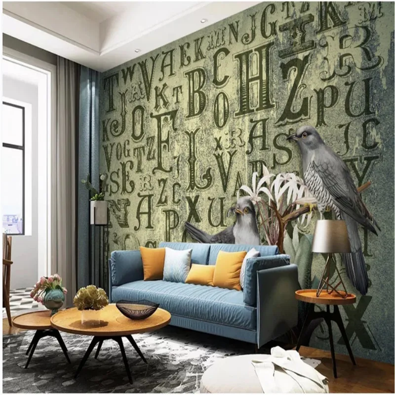 

European Nostalgic Retro Green Letters Flowers and Birds Mural Wallpaper 3D Living Room TV Background Wall Papers Home Decor