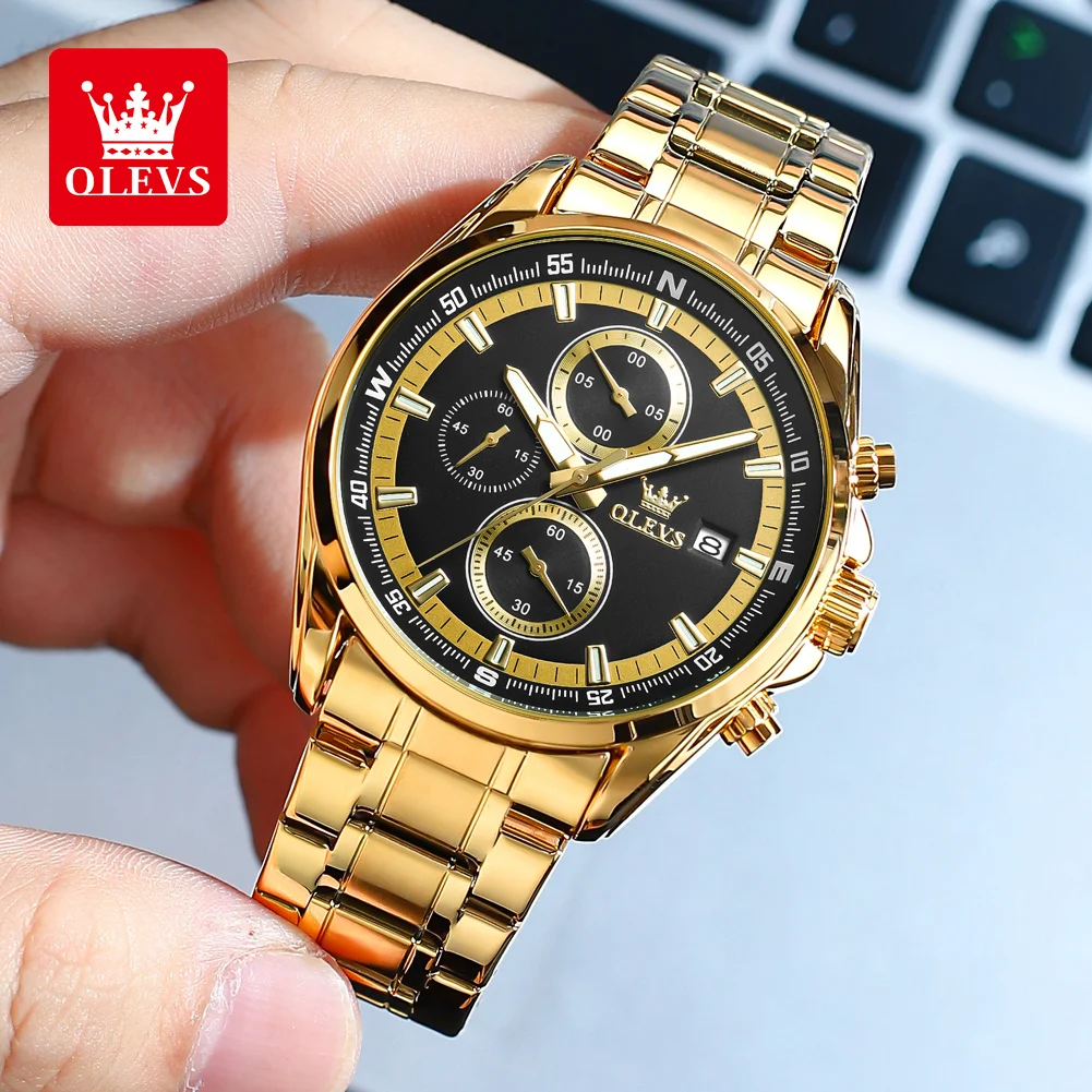 OLEVS TY713 Chronograph Sports Wristwatch for Men Fashion Stainless Steel Waterproof Luminous Auto Date Original Quartz Watches