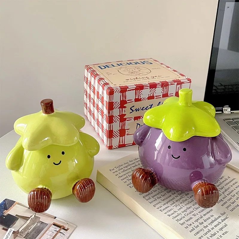 Birthday Gift for Boys Cute and Funny Eggplant Smiling Face Ceramic Mark Cup with Lid