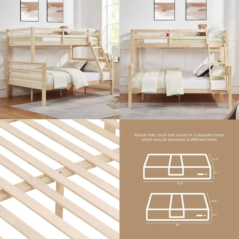 

Solid Wood Twin Over Full Bunk Bed with High Guardrail, Ladder, Suitable for Kids, Teens, Dorms, and Guest Rooms, No Box Spring