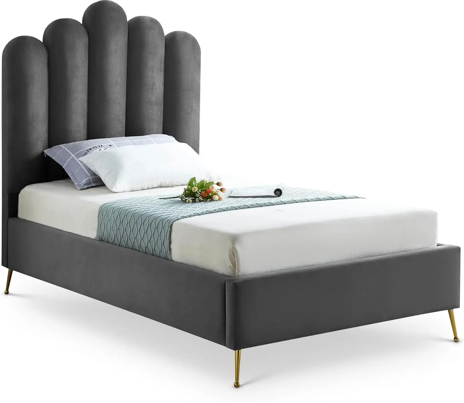 Lily Collection Modern | Contemporary Velvet Upholstered Bed With Deep Channel Tufting And Custom Gold Steel Legs, Twin, Grey