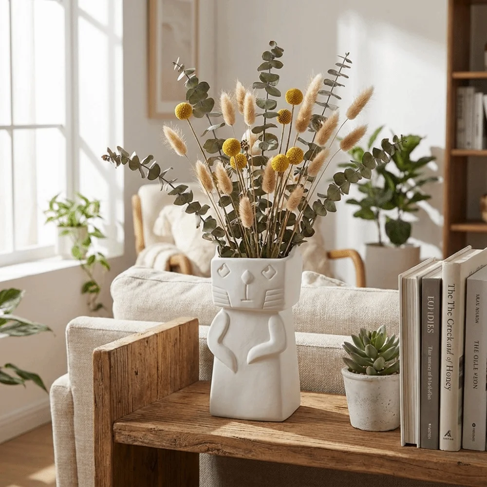 Cat Figurines Cartoon Cat Ceramic Vase Minimalist Non Slip Base Dry Vase Decorative Stable Flower Vase Office