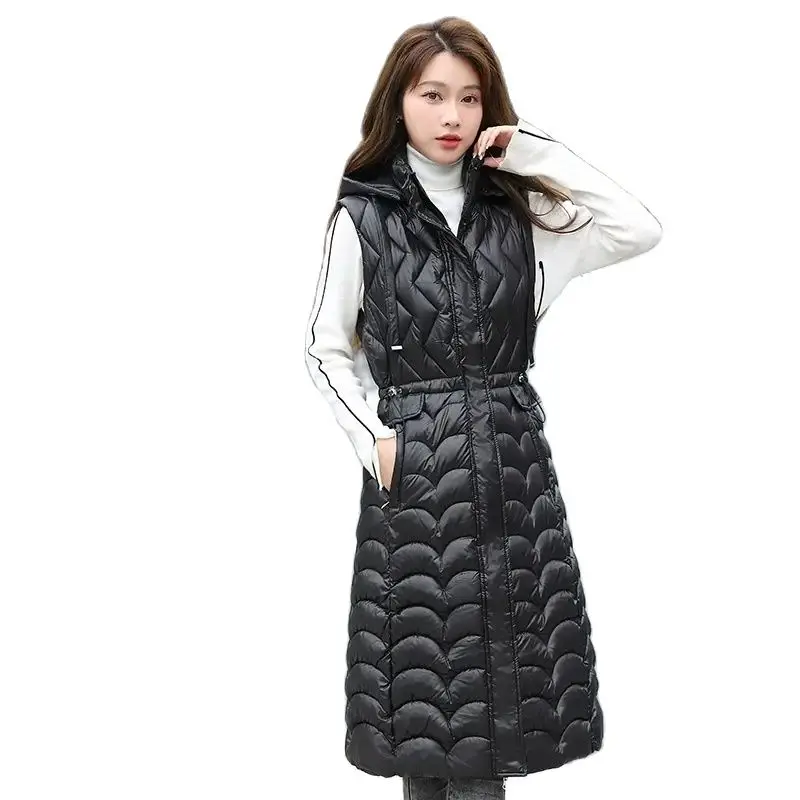 

Winter Mid-Long Down Waistcoat Women 2023 New Fashion Loose Coat Hooded Pure Colour Stand-Up Collar Zipper Outerwear Female