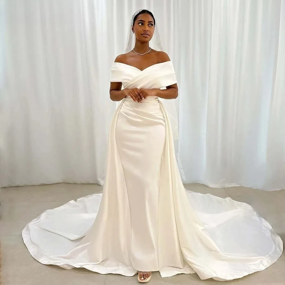 

Arabic Wedding Dress Off The Shoulder Satin Mermaid Arabic Bridal Gown with Detachabale Skirt