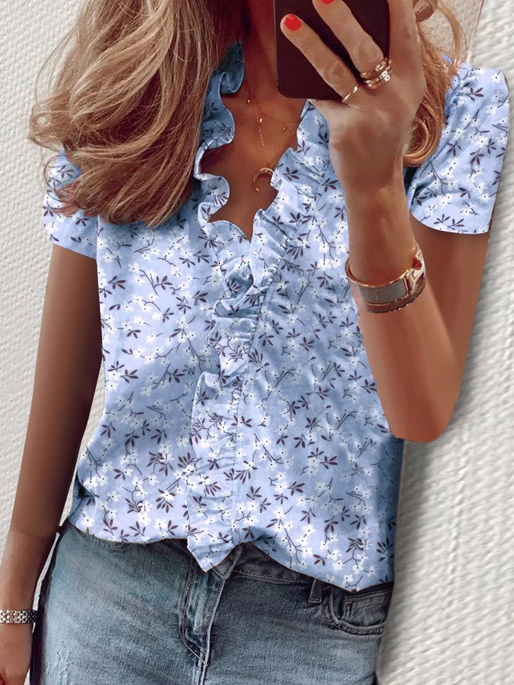 Casual Short Sleeve V Neck Ruffles Blouses Elegant Office Lady Shirts Summer Vintage Harajuku Loose Tops Female Boho Tunic
