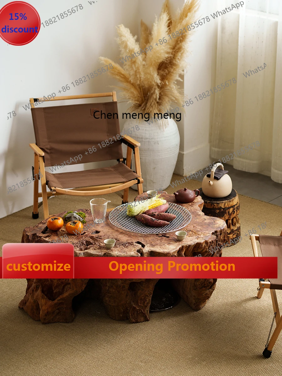 S7486 ss Solid Wood Stove Tea Table Camping Outdoor Tea Cooking Small Coffee Table Side Table Weathering Dried Wood Barbecue Sma