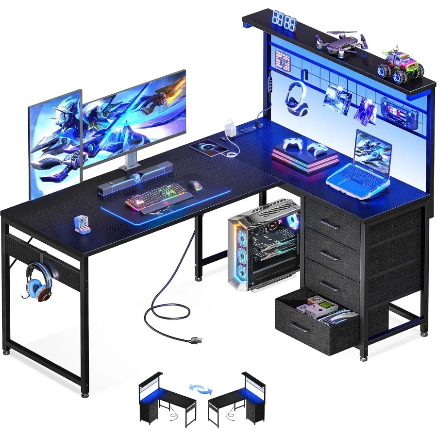 L Shaped Gaming Desk with Shelf 4 Drawers 51 Reversible Computer Desk with LED Light Home Office Table with Hutch and Hook Blac