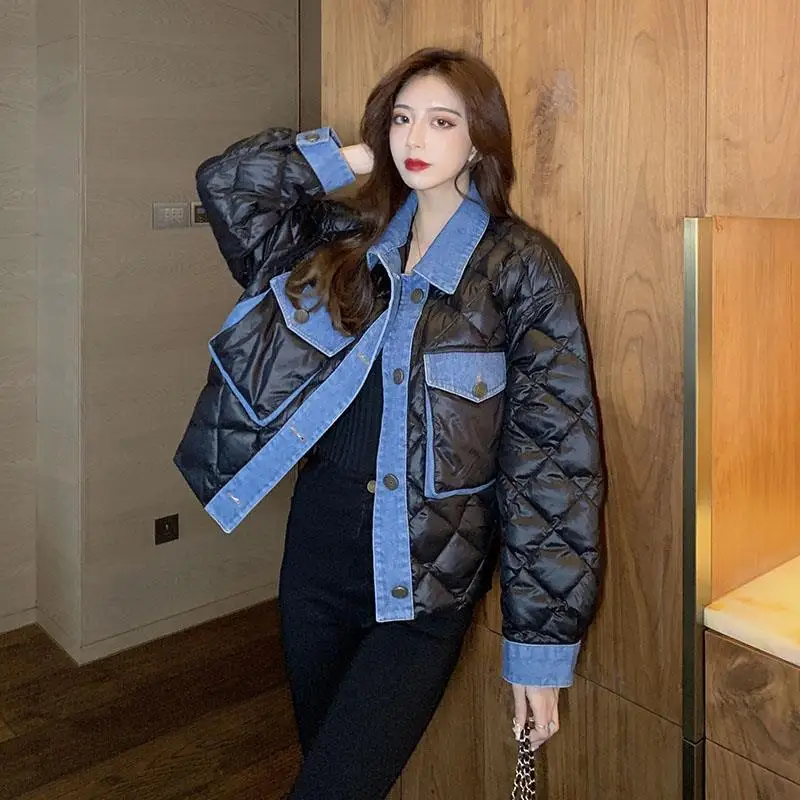 

Quilted Jacket Denim Patchwork Parkas Winter Women Coat Korean Fashion Loose Puffer Jacket Woman Clothing Black Outerwear Button