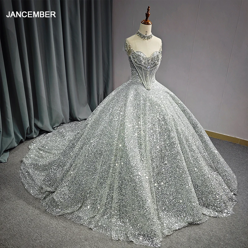 

Jancember Superfine Popular Design Wedding Gown For Bride 2024 Ball Gown High Neck Illusion Crystal Backless Vestido De Novia