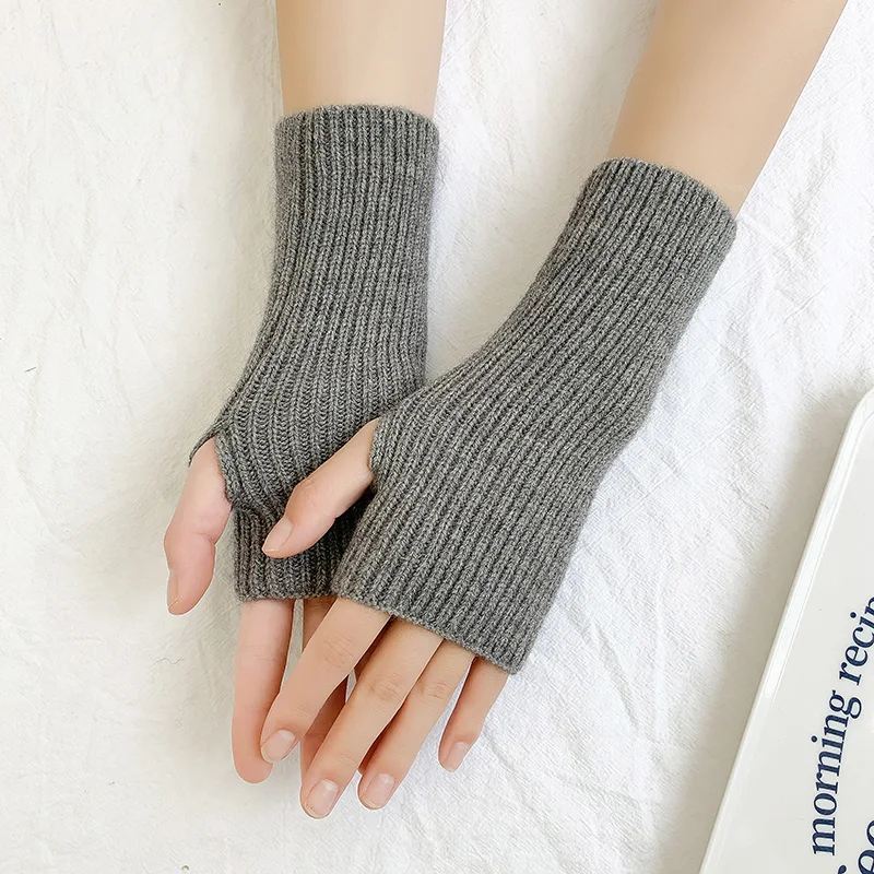 แฟชั่นผู้หญิงถุงมืออุ่นฤดูหนาวยืดแขนโครเชต์ถักไหมพรมขนสัตว์ Mittens Fingerless ถุงมือสีทึบ