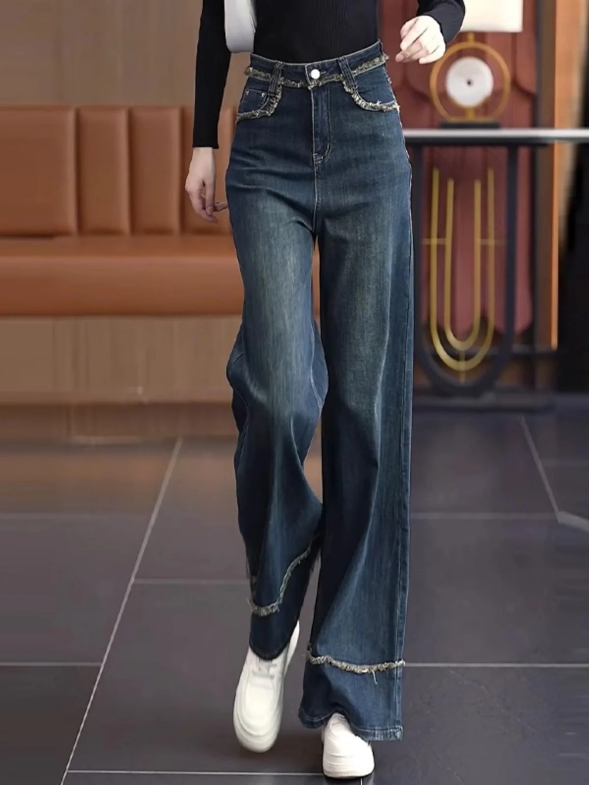 High Waist Wide Leg Jeans Women's Spring Autumn Style Retro Frayed Straight Tube Loose Floor-Length Pants Belly Shaping