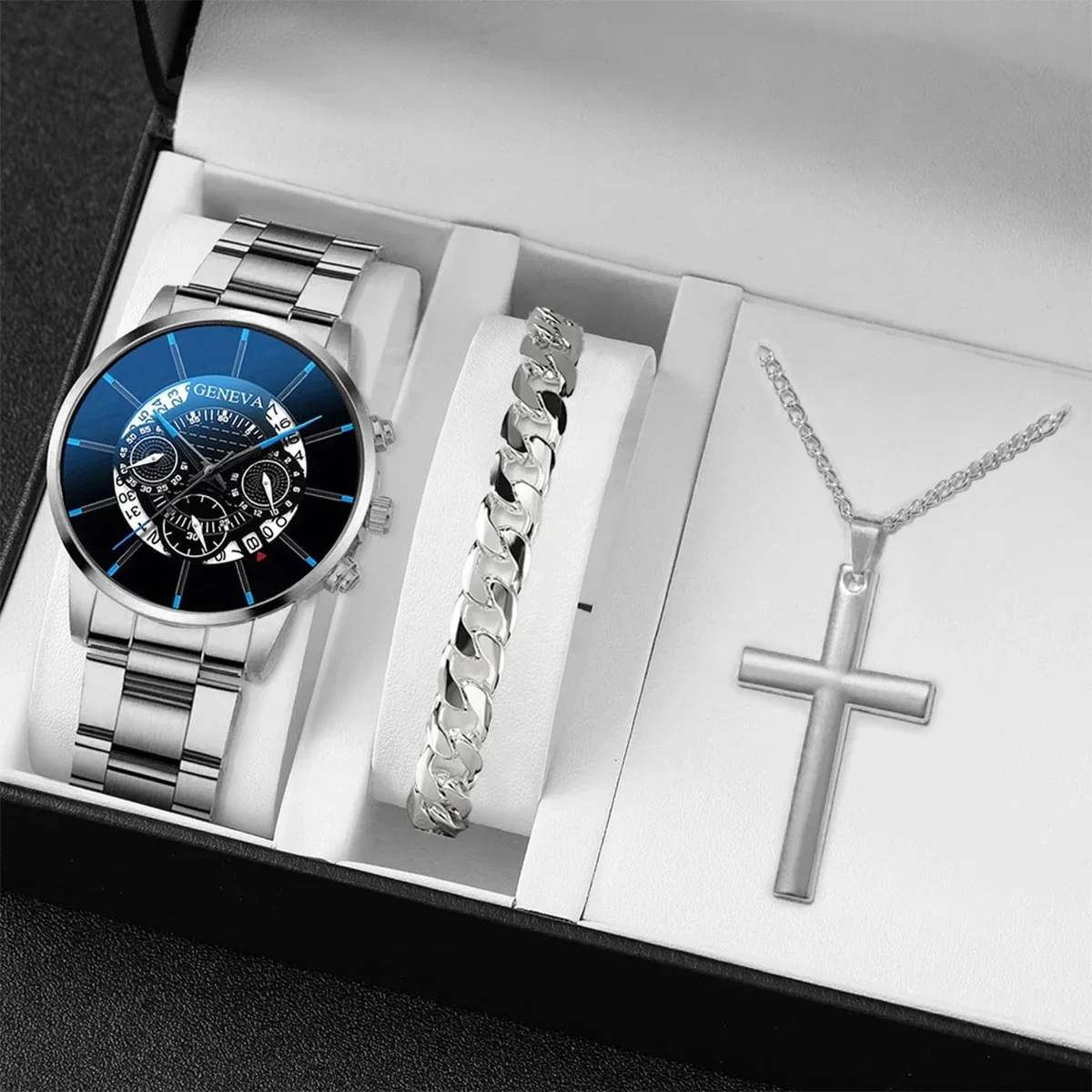 3 ピース/セットメンズファッションビジネスウォッチスチールバンド男性クォーツ時計カジュアルネックレスブレスレット腕時計セット (箱なし)