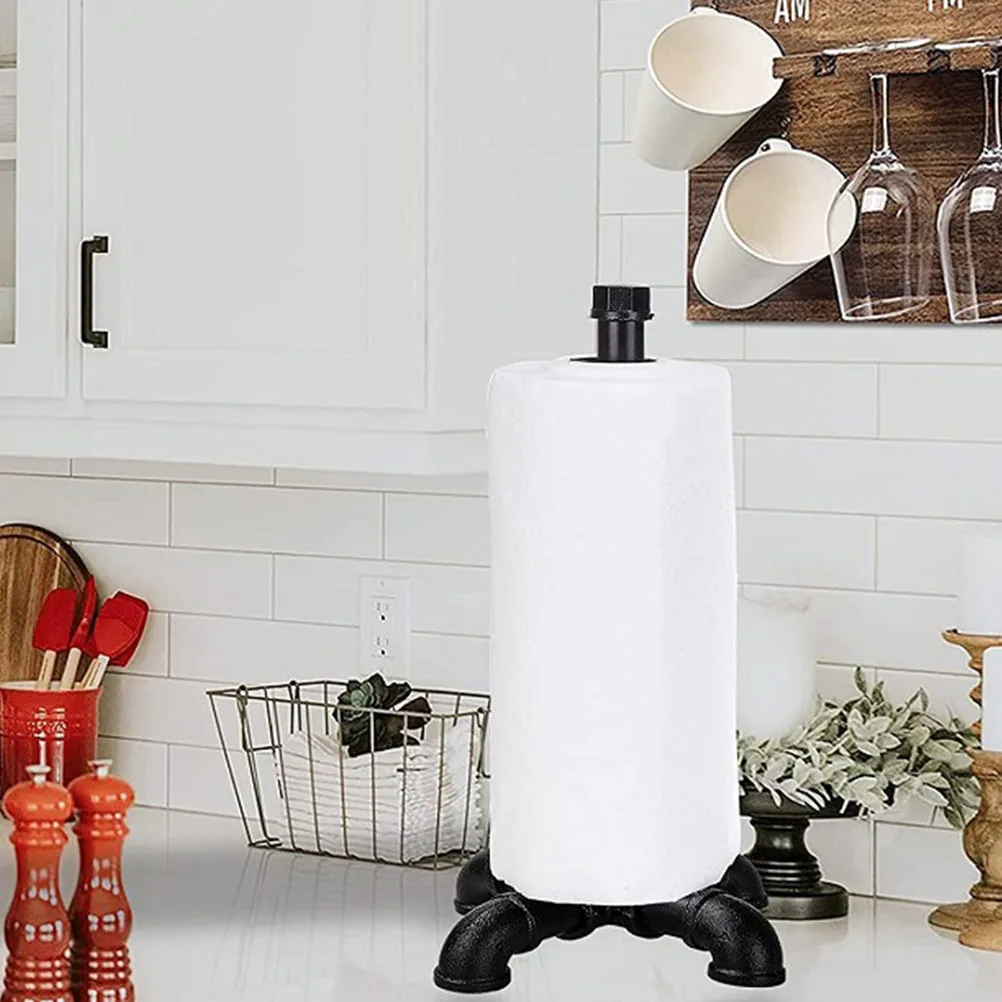 

Retro Style Roll Paper Stand Black Iron Tissue Rack Wear Resistant Vertical Design Kitchen Countertop Organizer