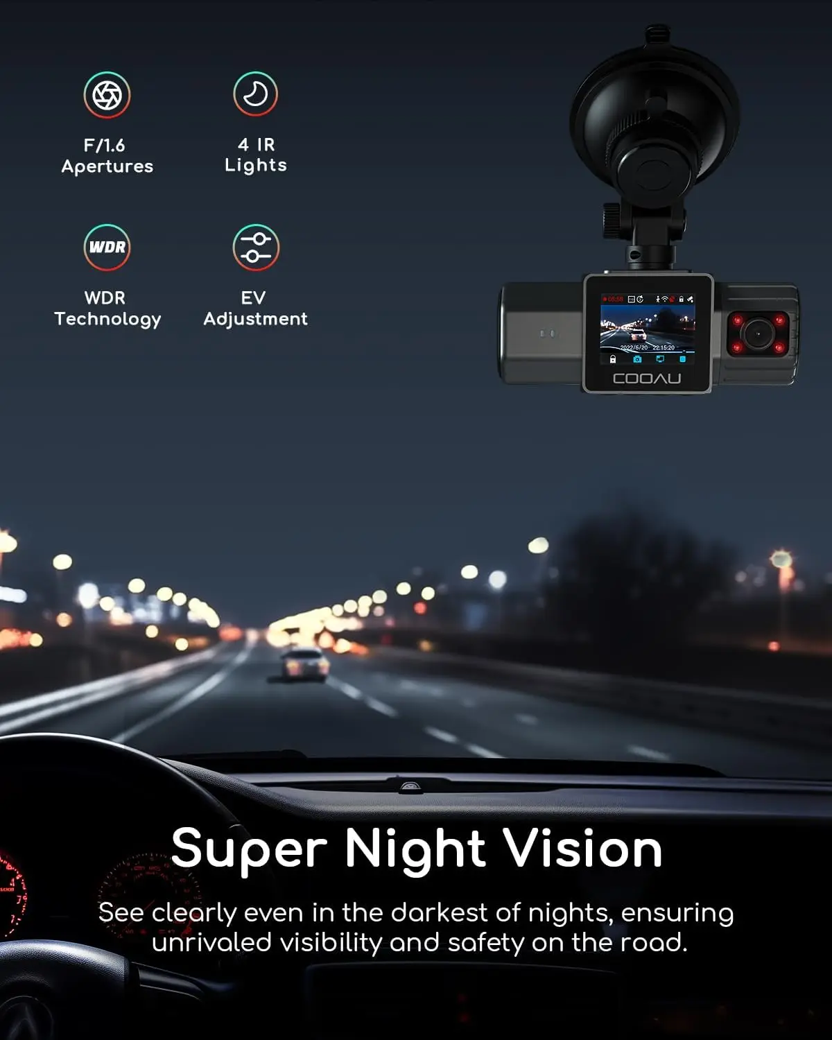 كاميرا داش مزدوجة 4K مع نظام تحديد المواقع العالمي (GPS)، واي فاي، رؤية ليلية، وضع ركن السيارة، تسجيل حلقي، تدعم 256 جيجابايت