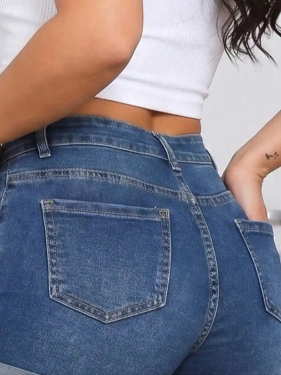 Womens Ripped Denim Shorts Cuffed Hem Slim Fit Stretchy Casual Streetwear