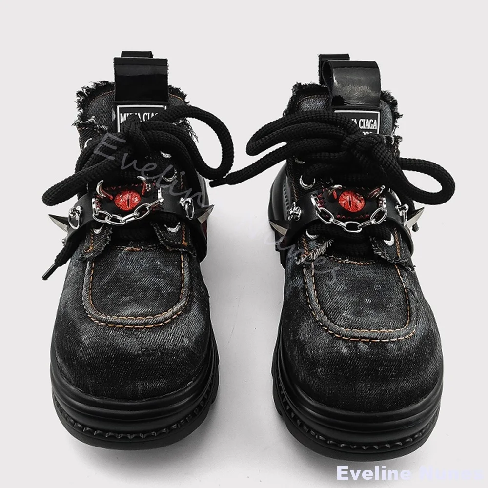 عين الشر فاسق الدنيم أحذية النساء زخرفة المعادن جولة تو منصة عبر تعادل حذاء كاجوال جديد الشرير النمط البريطاني حذاء مزود بفتحة للأصابع الكبيرة