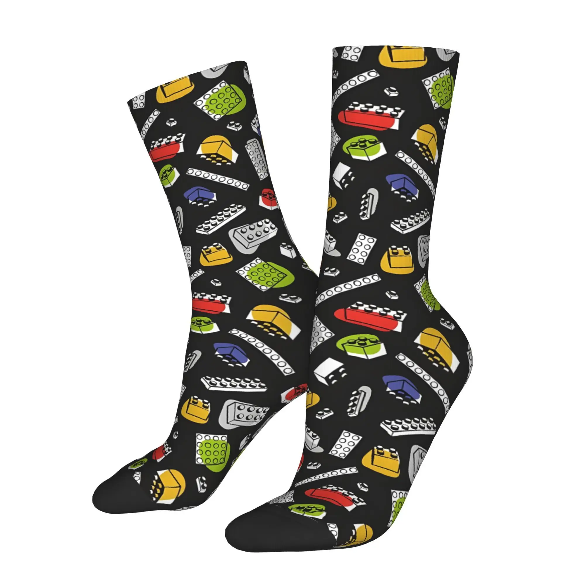1pc Play With Me  Mustard Yellow  Building Bricks Blocks Printed Men's Socks  Novelty Harajuku Pattern Crew Sock Casual Gift