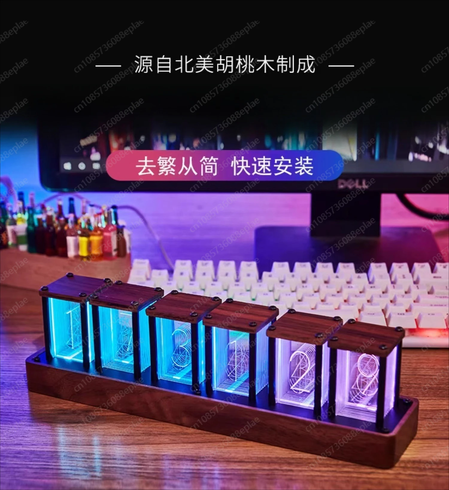 Nixie Tube Clock with Real Wood Base, Retro LED Desktop Decor for Home Office, Unique Tech Gift
