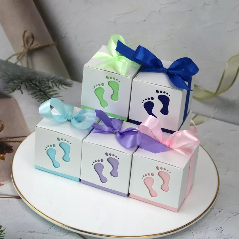 50pcs European New Hollowed-out Baby Footprints Happy Candy Box Creative Baby Full Moon Gift Candy Box WJ111