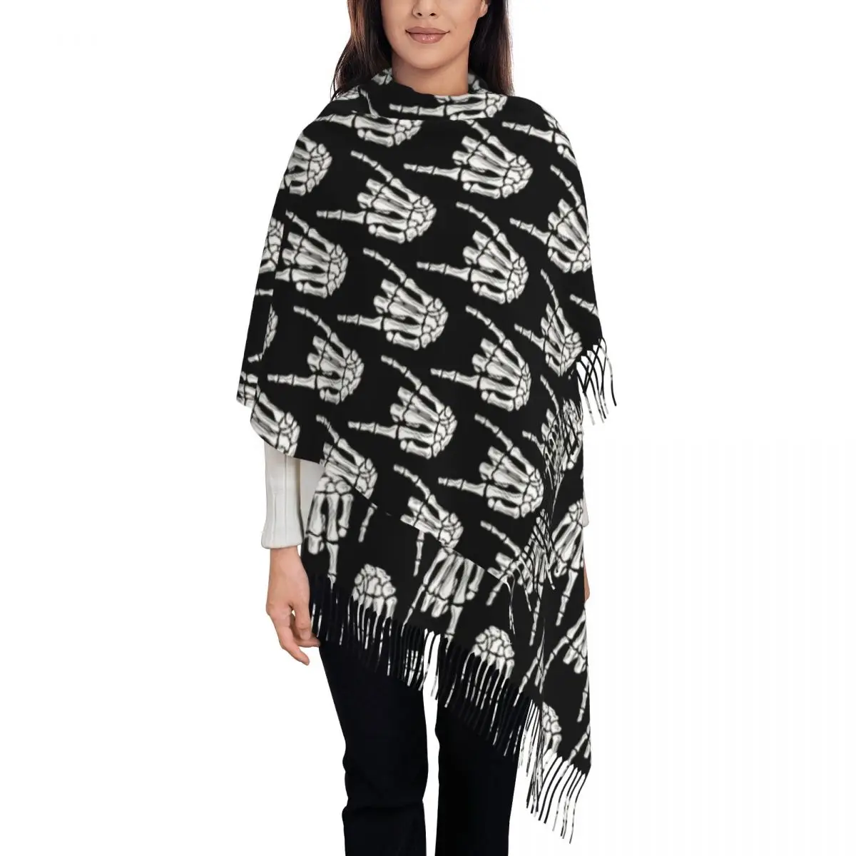 Heavy Metal Skeleton Rock Hand Scarf Wrap Women Long Winter Fall Warm Tassel Shawl Unisex Scarves