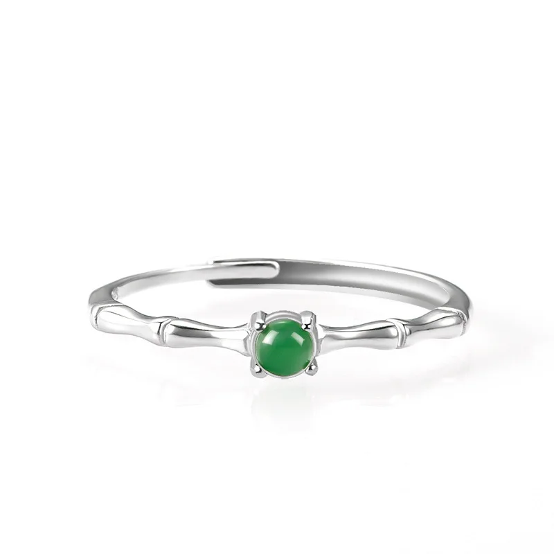 

Natural A-grade Jade Sun Green Bamboo Festival Ice Jadeite S925 Silver Inlaid Ring For Women's Simple Adjustable Drop Shipping