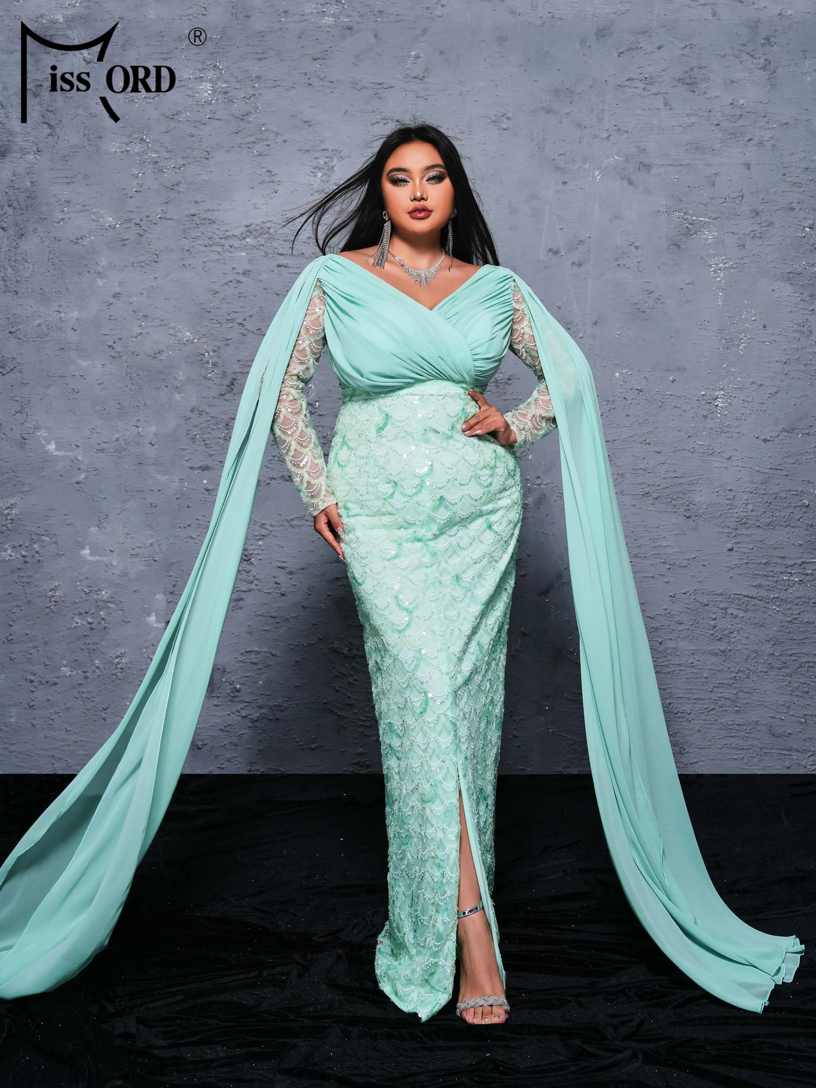 Missord 2024 Plus Size Sequin Flowing Sleeve V Neck Panel Mermaid Evening Wedding Birthday Party Dress