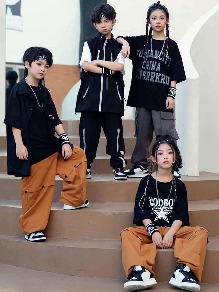 Teen Kids Jazz Dance Clothes Boys Black T Shirt Khaki Pants Girls Hip Hop Performance Costume Modern Dance Practice Wear BL12329