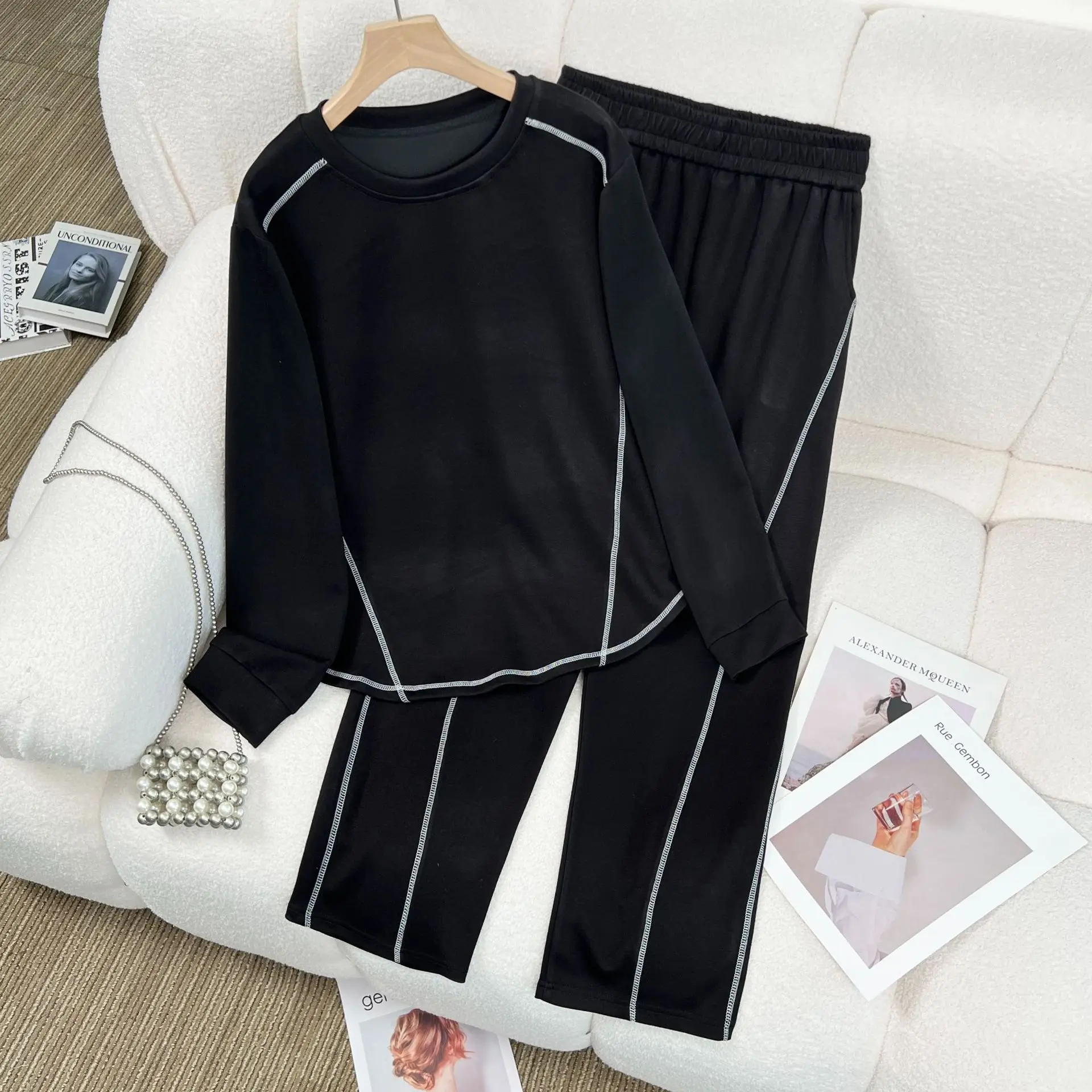 

XXXXL модные женские комплекты больших размеров, осенние новые повседневные яркие футболки с длинными рукавами и повседневные брюки, комплект из двух предметов