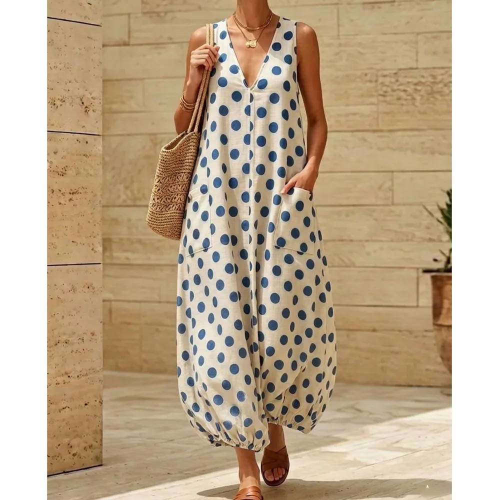 Summer New Casual Retro Polka Dot V-neck Loose Women's Dress 2026 Holiday Female Fashion Double Pocket Sleeveless Bud Hem Skirt