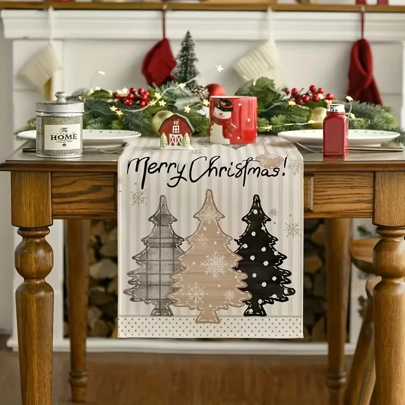 1piece Green Table Runner with Beige White Snowflakes Winter Pine Polyester Easy Clean for Xmas Dinner Winter Wonderland Decor
