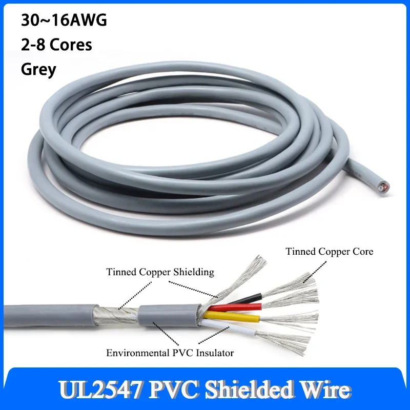 1-20M Grey UL2547 PVC Shielded Wire 30 28 26 24 22 20 18AWG Signal Shielded Cable 2 3 4 5 6 7 8Cores Channel Audio Line