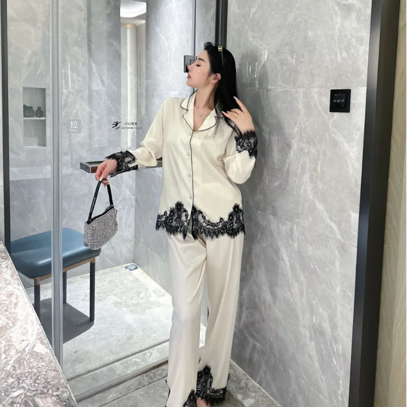 2025 Spring Autumn Luxury White Black Lace Ice Silk Pajamas Women Two Piece Set Long Sleeve Pants Nightgown Homewear Sleepwear