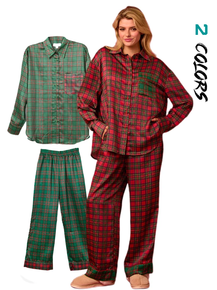 Women 2 Piece Christmas Pajamas Set Casual Plaid Long Sleeve Button Shirt Long Pants Colorful Print Pjs Sets Sleepwear Pajamas