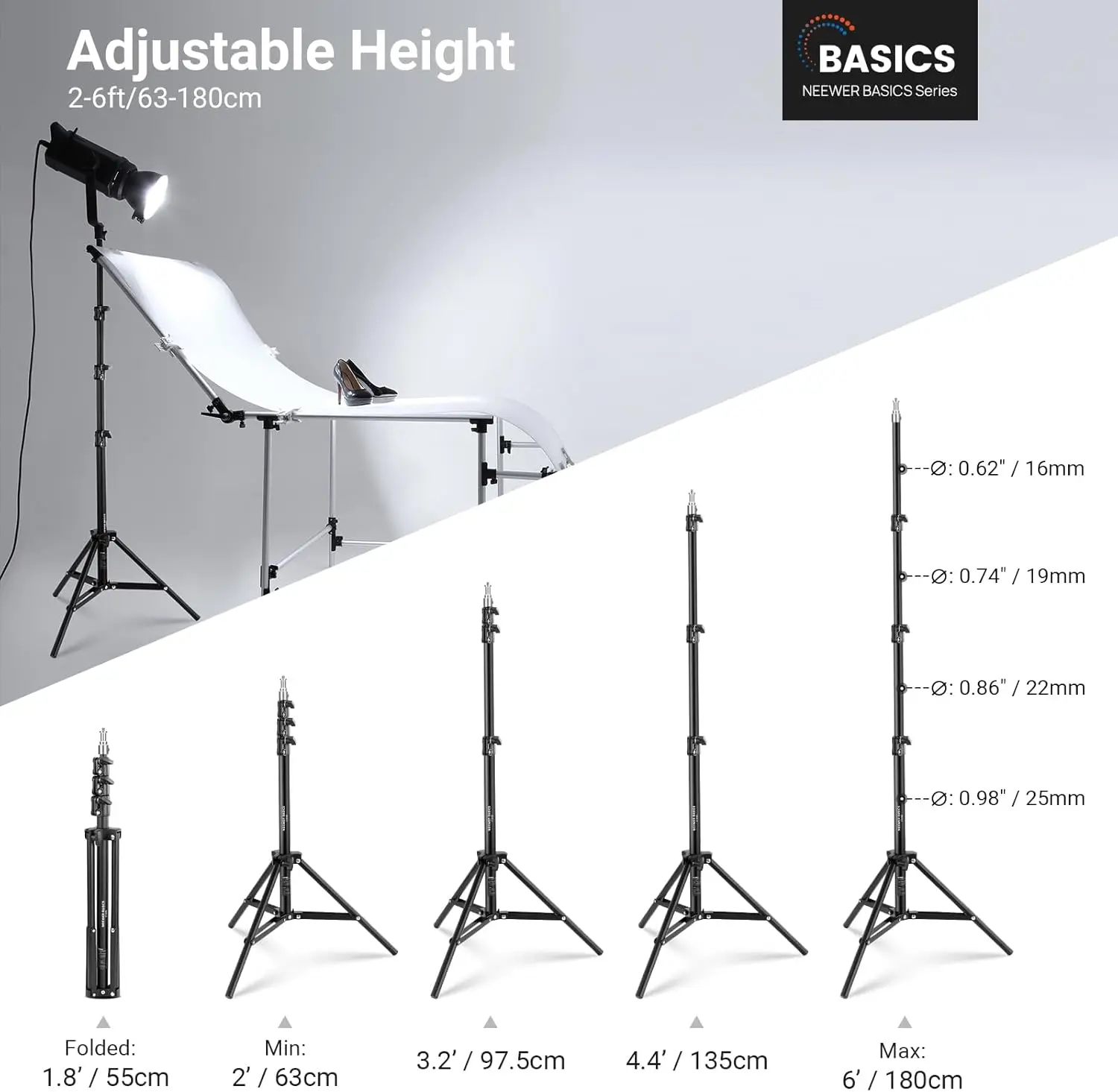 NEEWER Basics 6ft/180cm Fotografie-Lichtstativ 2er-Pack, 4-teiliges Faltbares Metall-Stativ für Kamera, Ringlicht, Zubehör – Detail 1
