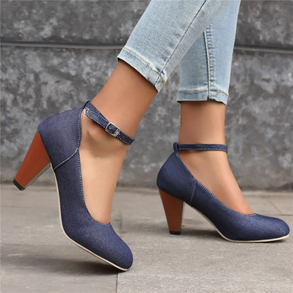 

Round toe ladies Denim pumps retro female spike thick high heel women shoes blue mary janes heels Office Party Banquet 2024