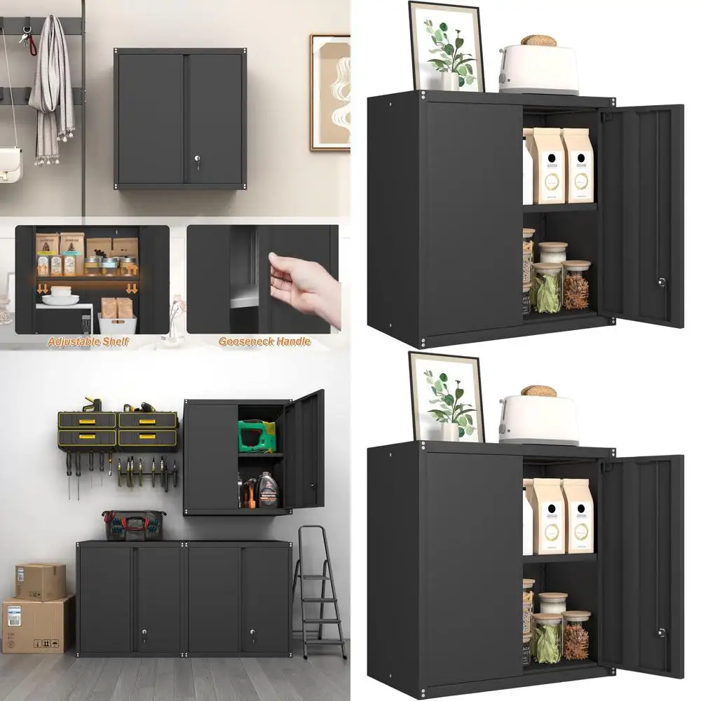 

Black Metal Wall Cabinet with Doors, Adjustable Shelf, and Lock for Garage, Pantry, Utility Room Storage