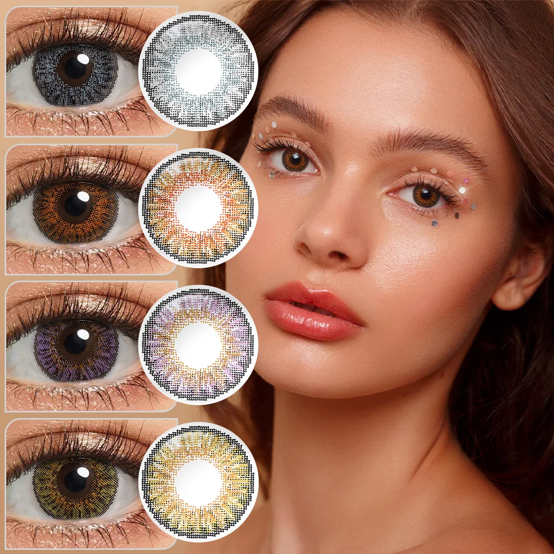 Lentes de Contacto de Color Puro Avellana de 3 Tonos FRESHGO de Uso Anual para Ojos de Color Natural Gris/Miel/Azul Brillante 14.5mm
