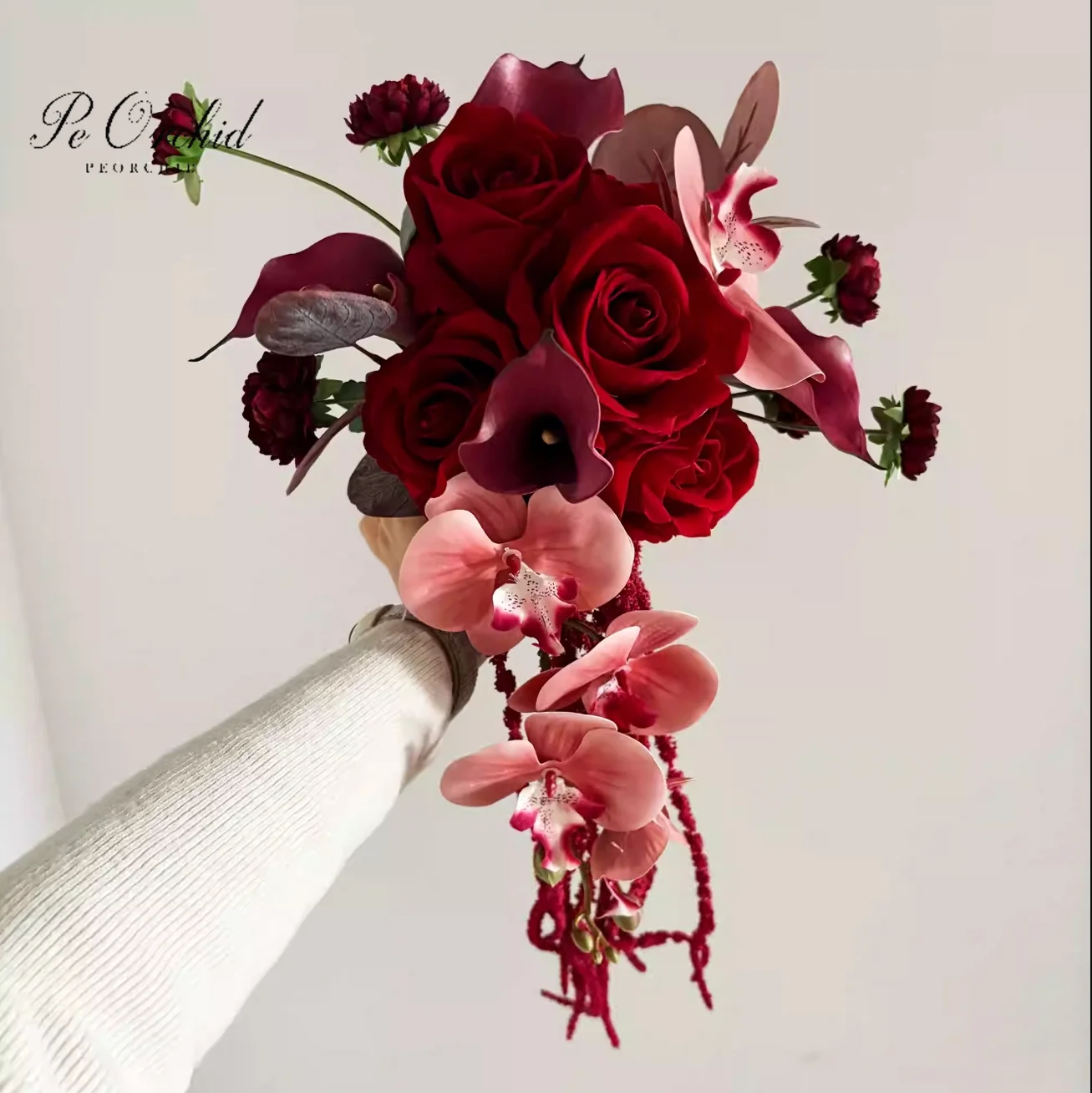 

Искусственные цветы PEORCHID: Каскадные свадебные букеты красного цвета для подружек невесты, орхидеи и роз, букет Real Touch (искусственный букет)