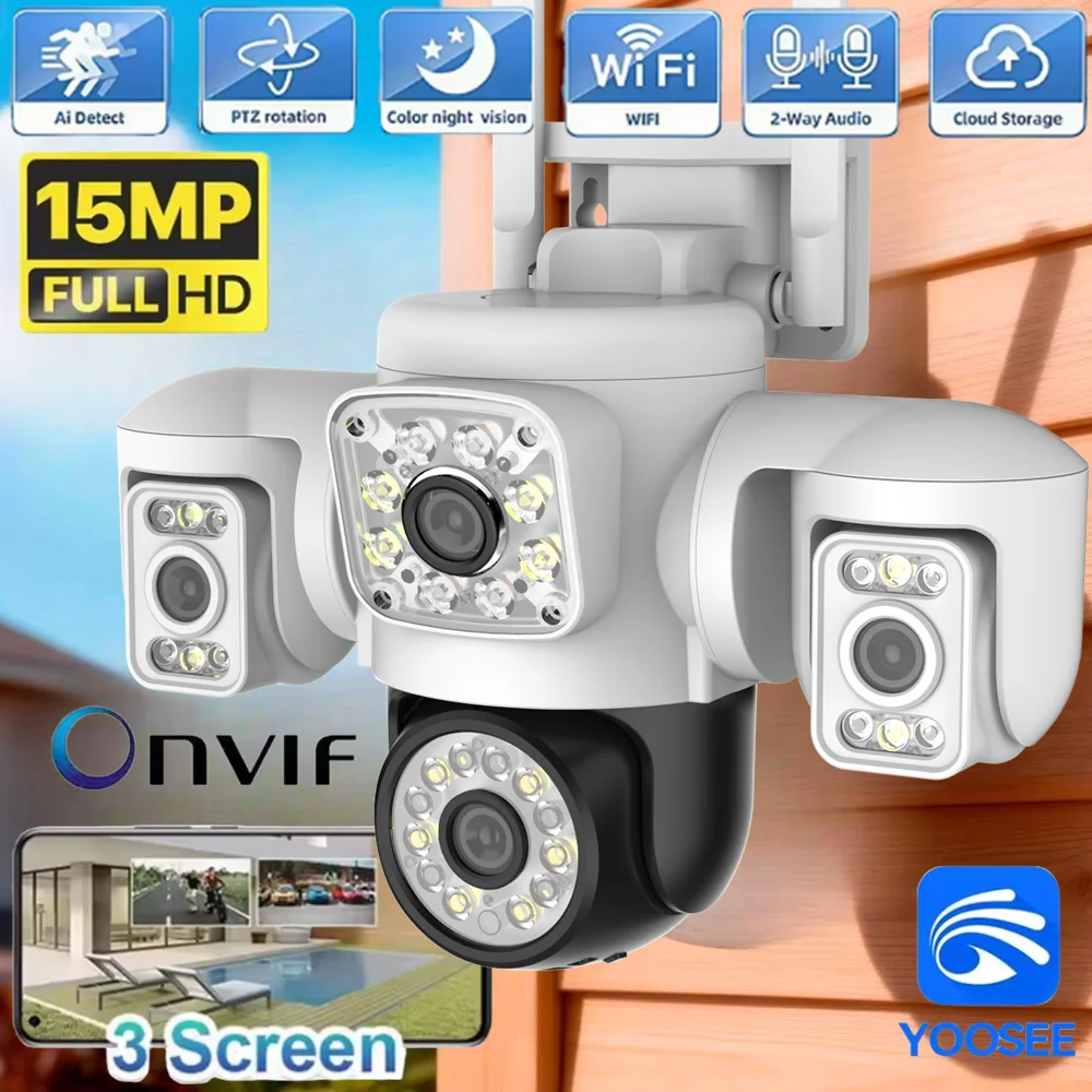 

8K 15 МП UHD Уличная Wi-Fi IP-камера с четырьмя объективами, тремя экранами и обзором 360° ° Беспроводная PTZ-камера видеонаблюдения с 16-кратным зумом и автоматическим отслеживанием