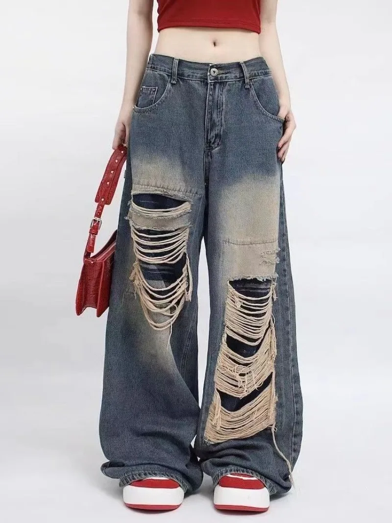 Summer Jeans Women Vintage Denim High Street American Loose Y2k Wide Leg Pants Hole Washed Trousers Hollow Out Grunge Ripped