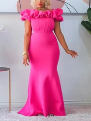 Kobiety w kolorze fuksji elegancka sukienka imprezowa z falbanami głęboki dekolt krótkim rękawem z długim sukienka typu Bodycon w stylu syreny urodzinowym gościem weselnym afrykańskie panie