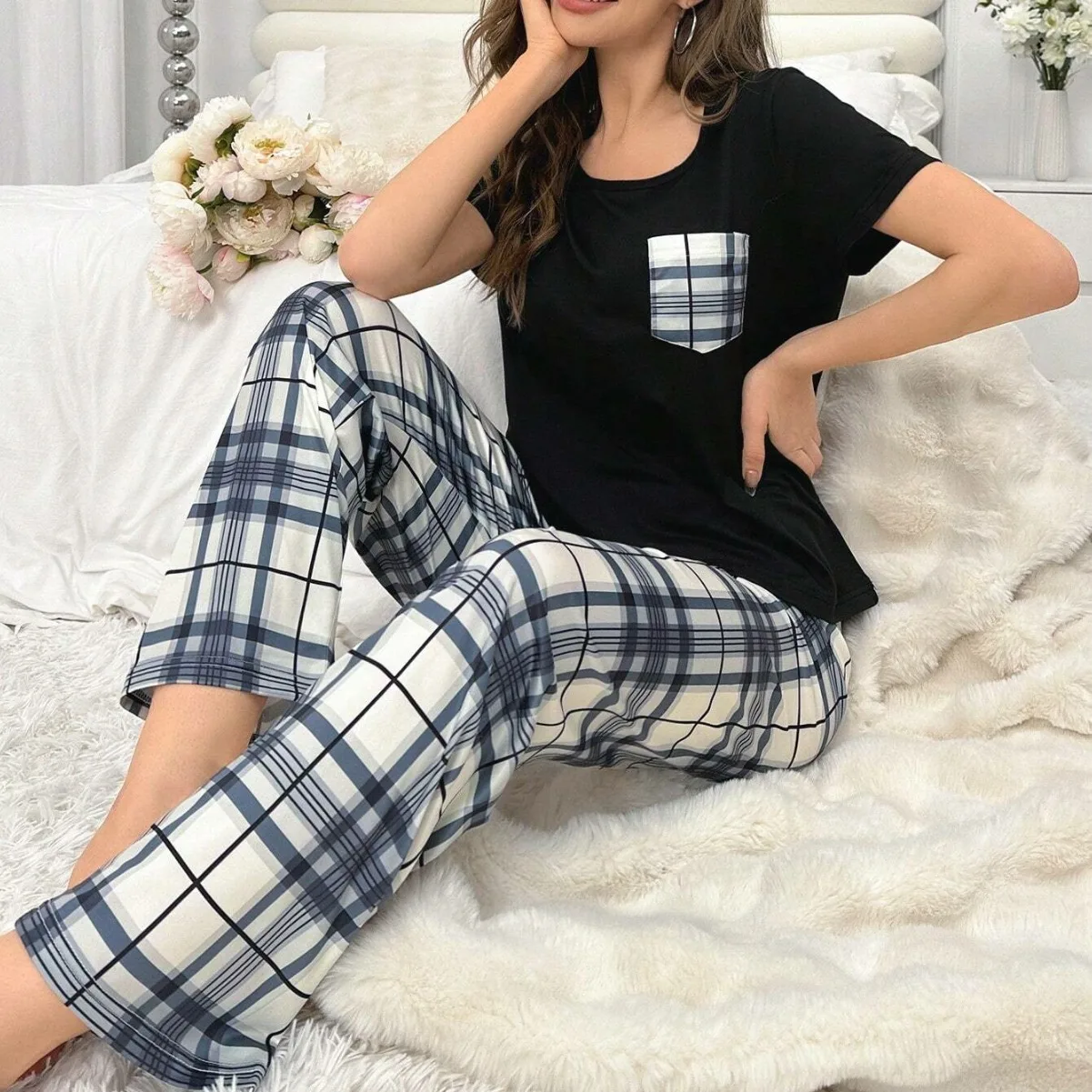 

New Women's Casual Pajamas Homewear Set Plaid Pocket Short Sleeve Pajamas Long Pants Pajamas Homewear Simple Comfort Set
