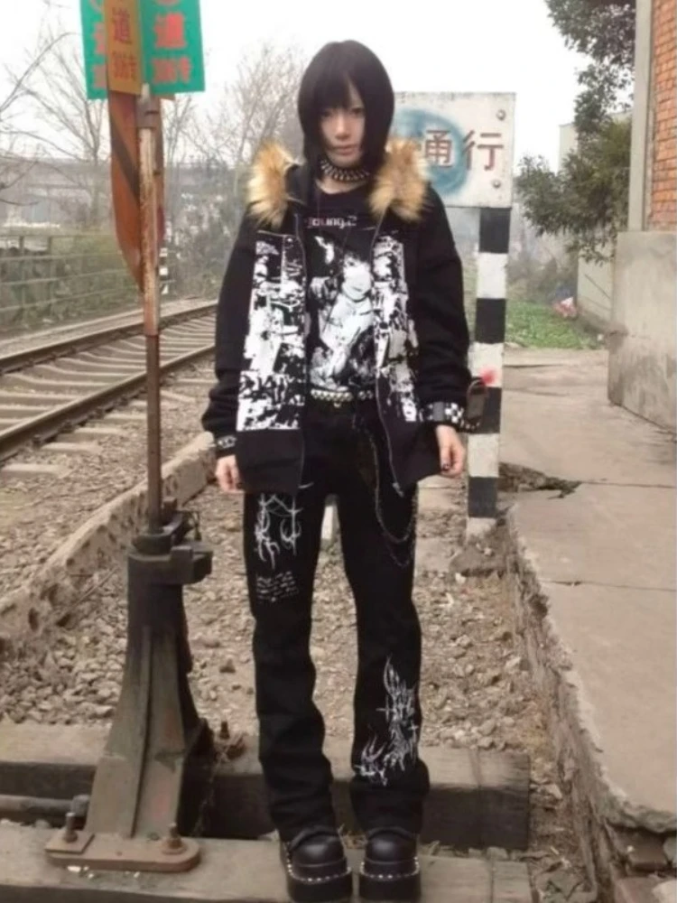 American Vintage Outwear Zipper Letter Pattern Long Sleeve Pure Color Fashion Pocket Subculture Faux Fur Hooded Grunge Autumn