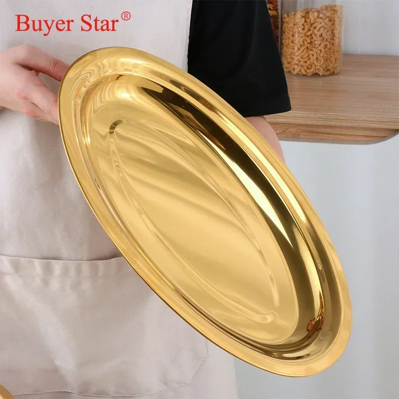 Golden Stainless Steel Storage Tray Metal Oval Dinner Plate Cake Display Kitchen Household Fruit Salad Plates Western Steak Tray