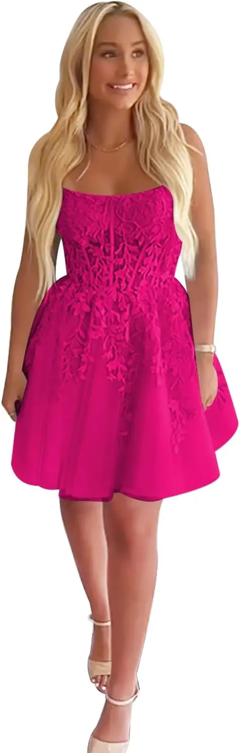 Vestidos de fiesta sin tirantes con corsé y apliques de encaje 2024 Vestido de fiesta transparente de tul con volantes cortos negros para adolescentes por encima de la rodilla, Mini