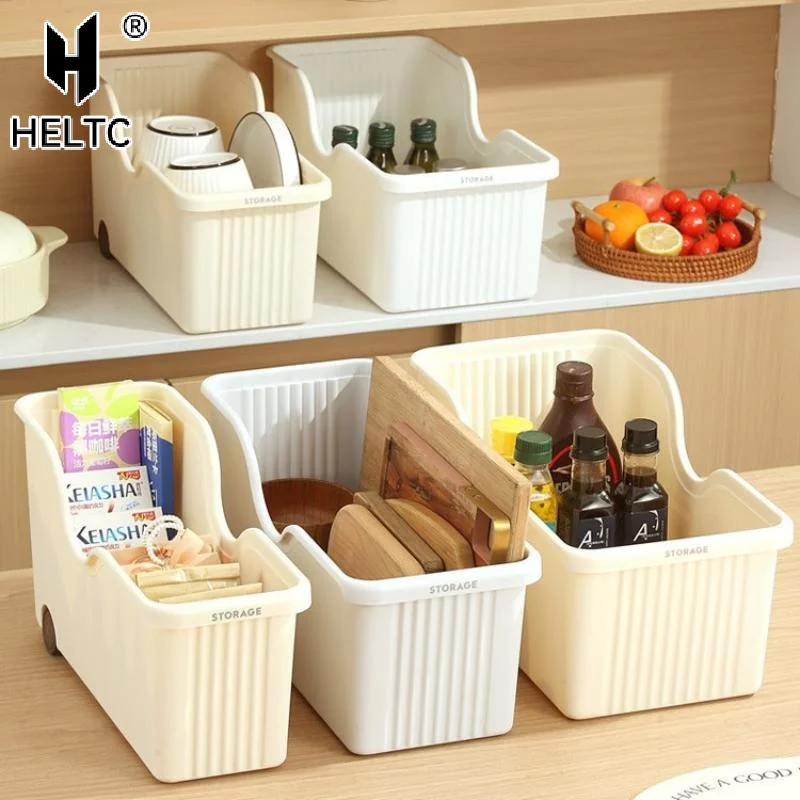 Plastic Kitchen Storage Bin With Wheels Open Top Cabinet Organizer For Dishes Bottles