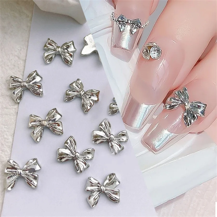 10 ชิ้น/ถุงโลหะ 3D Bowknot สีเทาทองเครื่องประดับตกแต่งเล็บ Studs Charms Rhinestones เล็บตกแต่งสําหรับ DIY ผู้หญิง