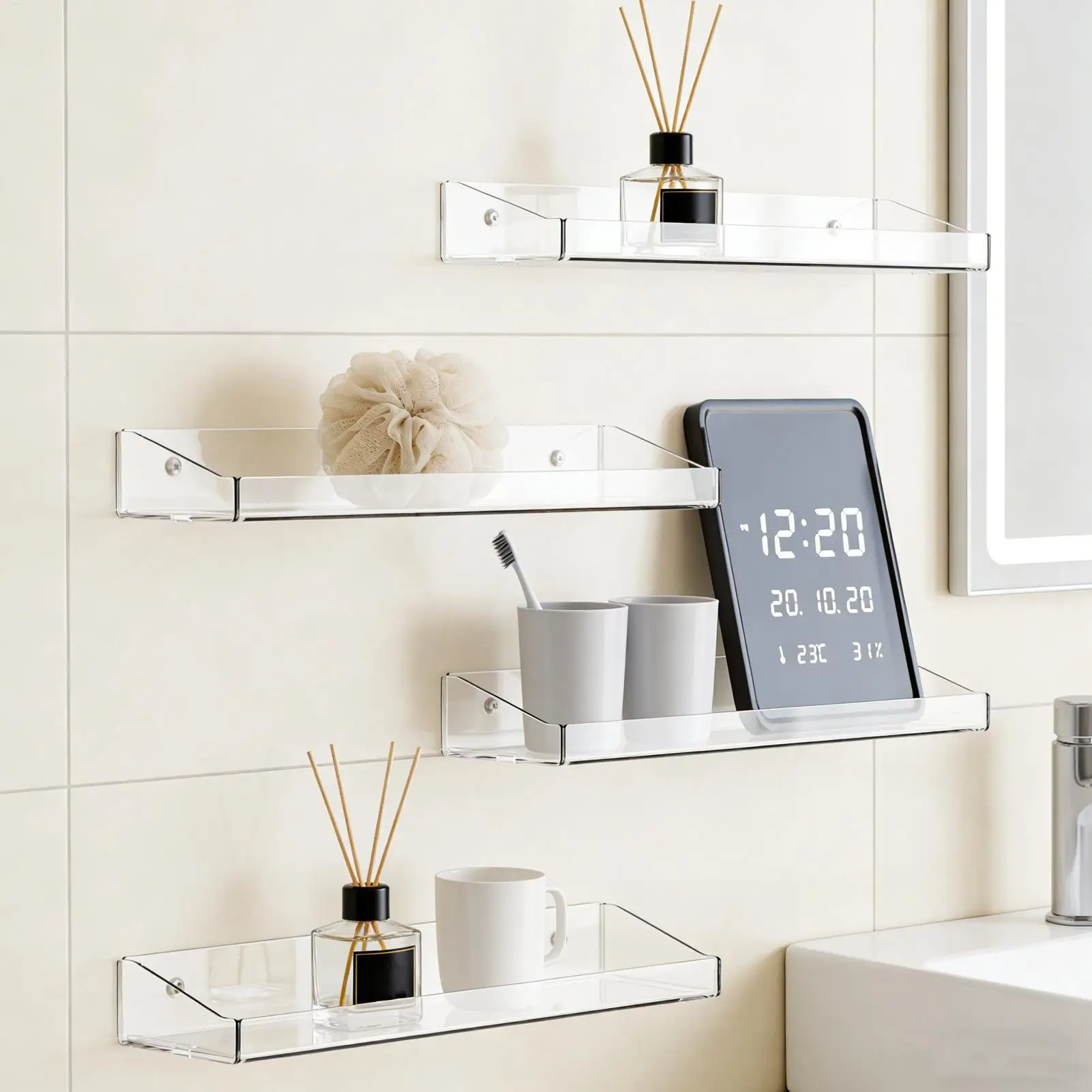 

Плавающие полки для декора комнаты, прозрачные стеллажи для хранения, кухонные плавающие полки для косметики, книг, украшений, парфюмерии, коллекционных фигурок