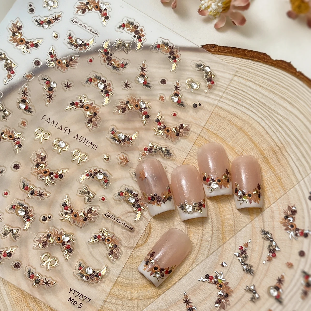 Kaniu 1/2 Stück 5D Kranz Nagelaufkleber Herbst Tannenzapfen und gefallenes Blatt selbstklebende Nagelaufkleber Französisches Kristall-Strass-Design