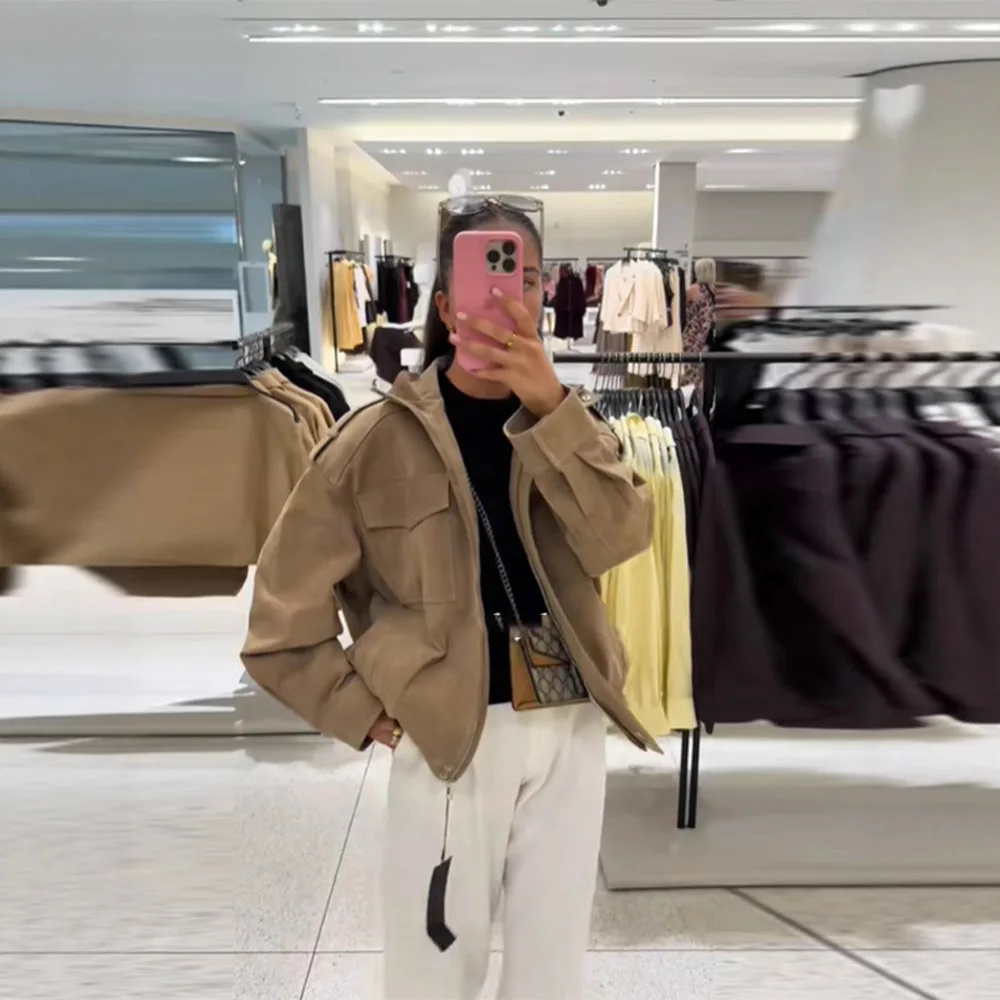 

​​2025 New Khaki Suede Jacket Women Loose Long Sleeve Wide Pocket Straight Cut Slim Casual Outerwear​